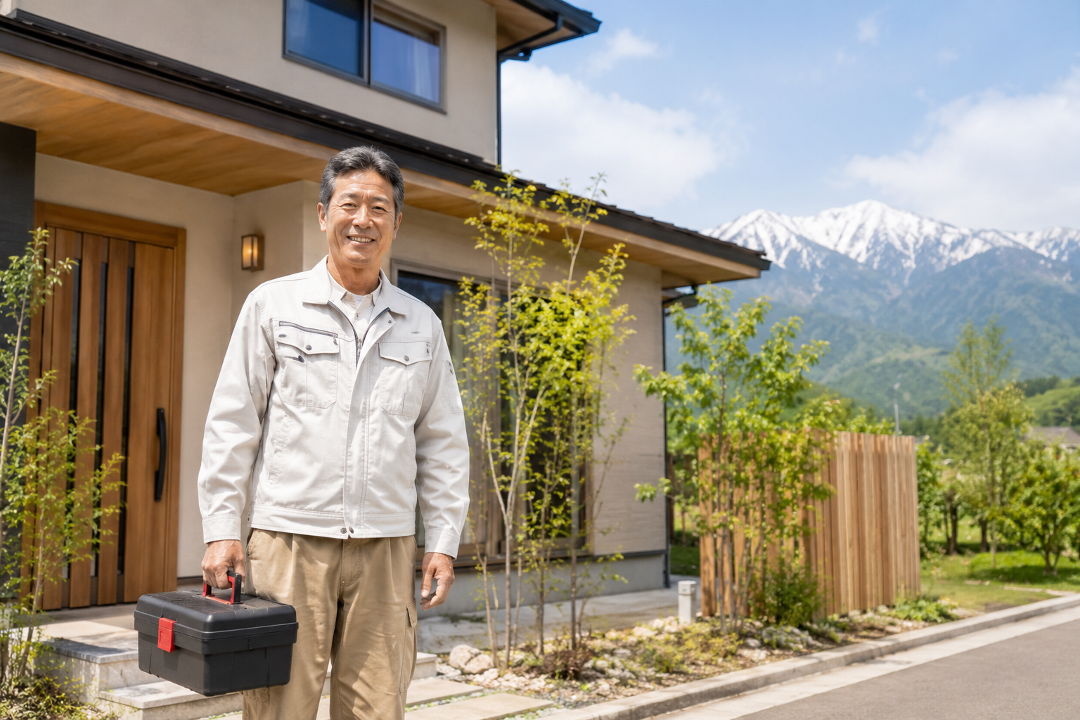 信州の住宅前で笑顔の職人さん